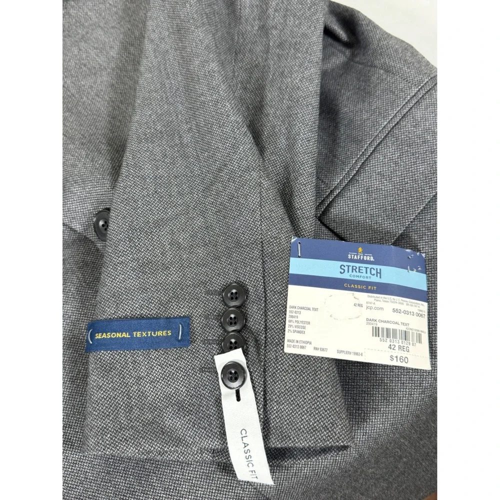 Stafford Men's‎ Dark Charcoal Classic Fit Stretch Comfort Blazer Jacket 42 Reg